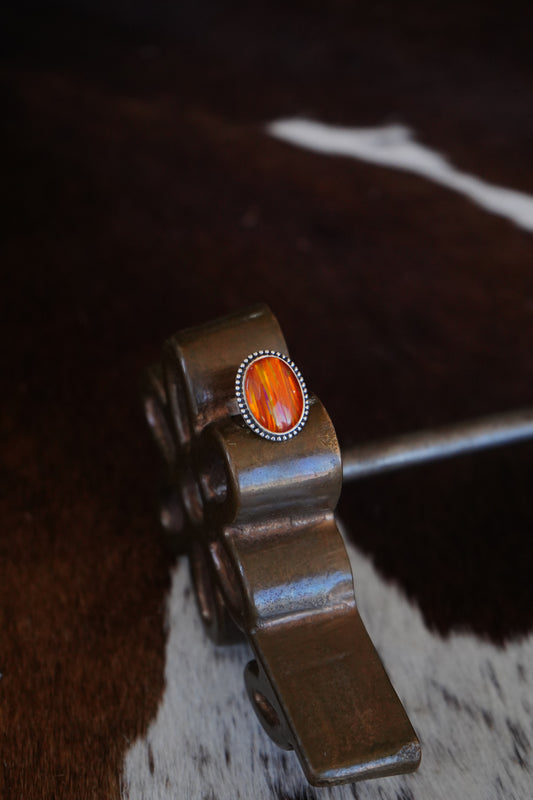 Round Orange Opal Ring - Sz 6