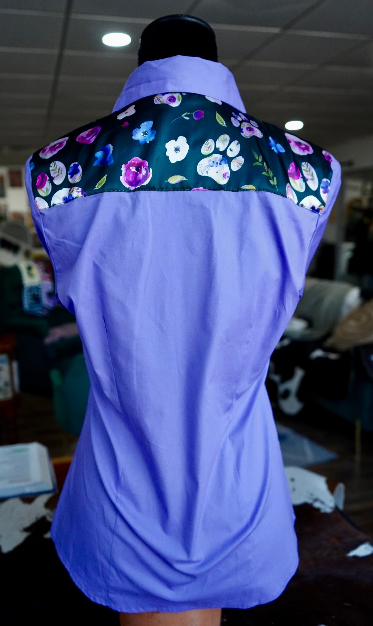 M - Floral Paw Prints on Lavender Cotton Button Down