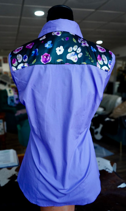 M - Floral Paw Prints on Lavender Cotton Button Down