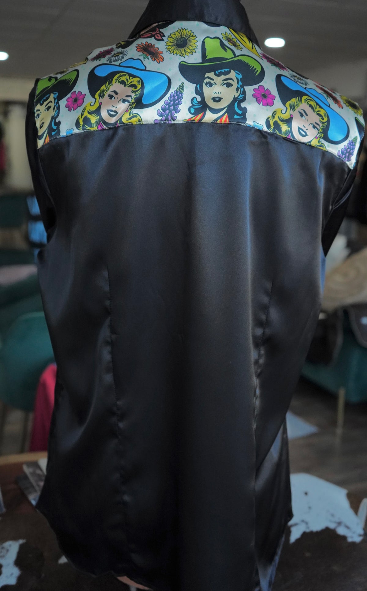 XL - Comic Cowgirls on Black Satin Button Down