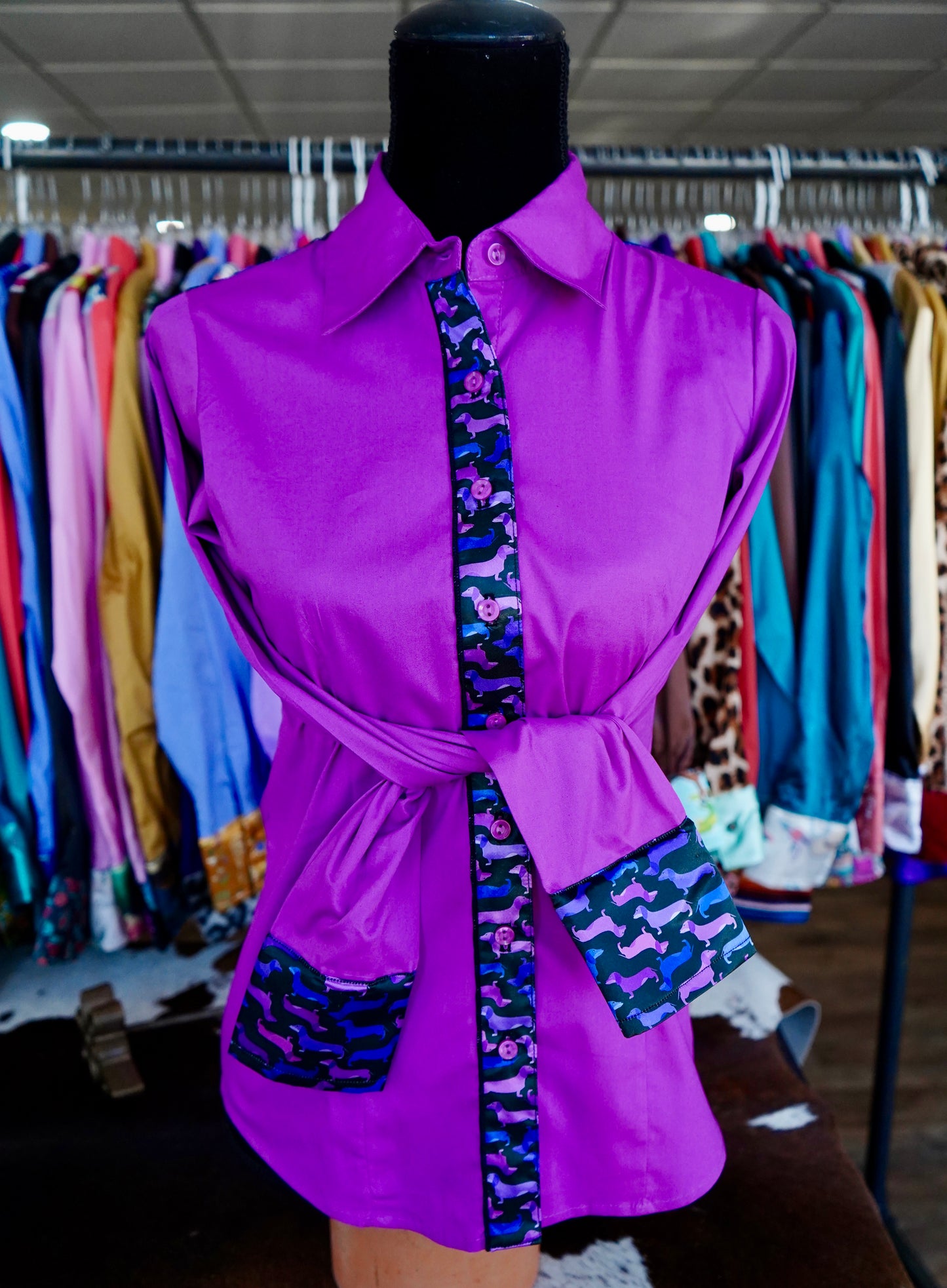 L - Purple, Pink & Blue Weenie Dogs on Magenta Cotton Button Down