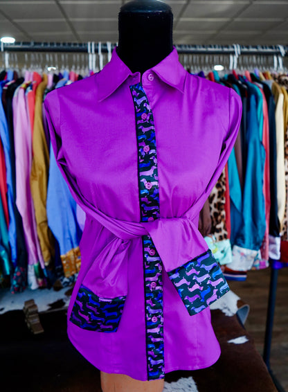 L - Purple, Pink & Blue Weenie Dogs on Magenta Cotton Button Down