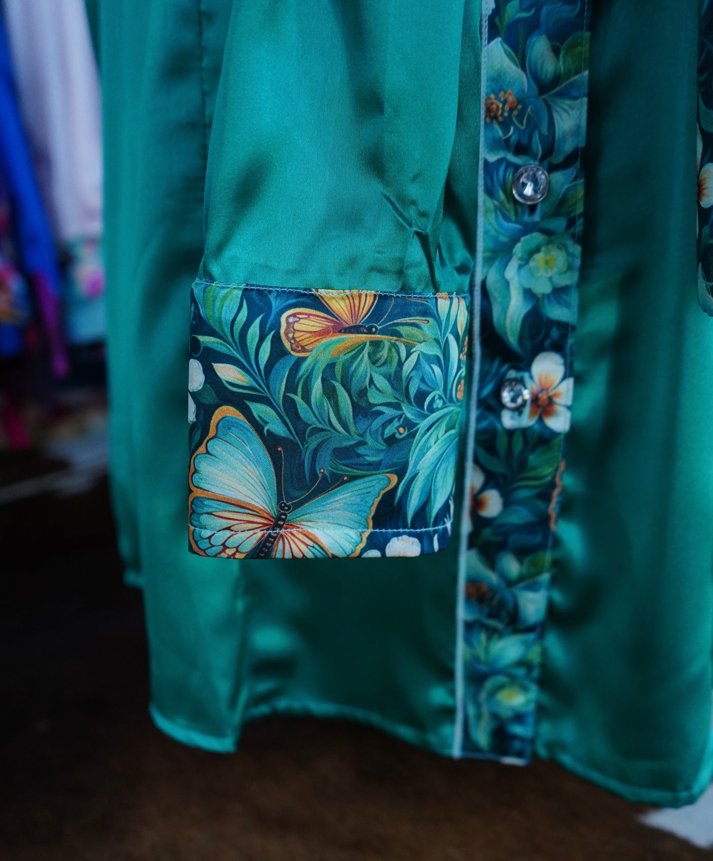 2XL - Emerald Floral Butterflies on Emerald Satin Button Down