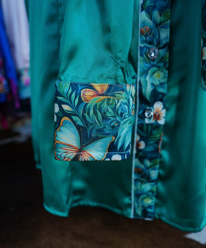 2XL - Emerald Floral Butterflies on Emerald Satin Button Down