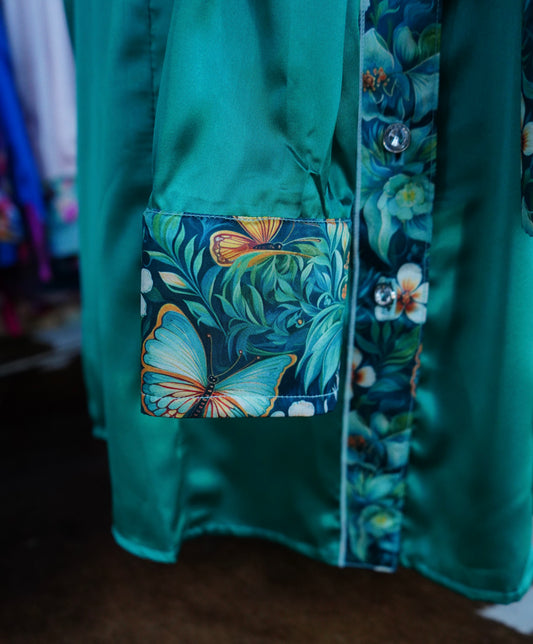 2XL - Emerald Floral Butterflies on Emerald Satin Button Down