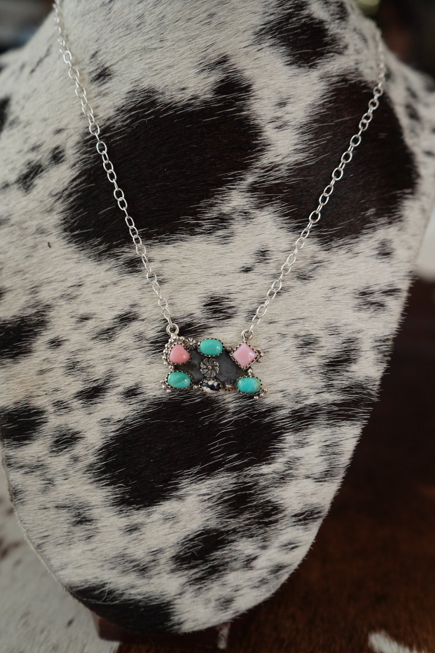 Multi Stone Flower Cluster Bar Necklace