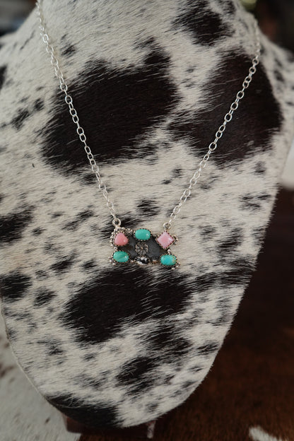 Multi Stone Flower Cluster Bar Necklace