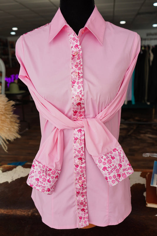 L - Barbie on Light Pink Cotton Button Down