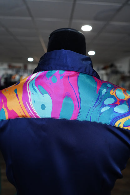 S - Navy & Pink Swirl on Navy Satin Button Down