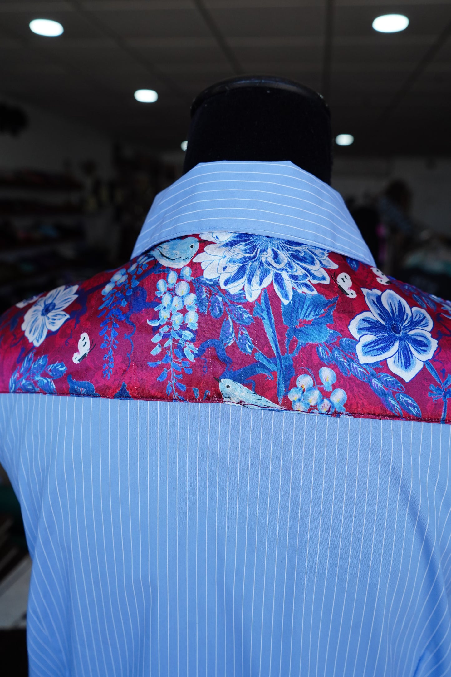 XL - Patriotic Sketched Floral on Blue & White Pinstripe Cotton Button Down