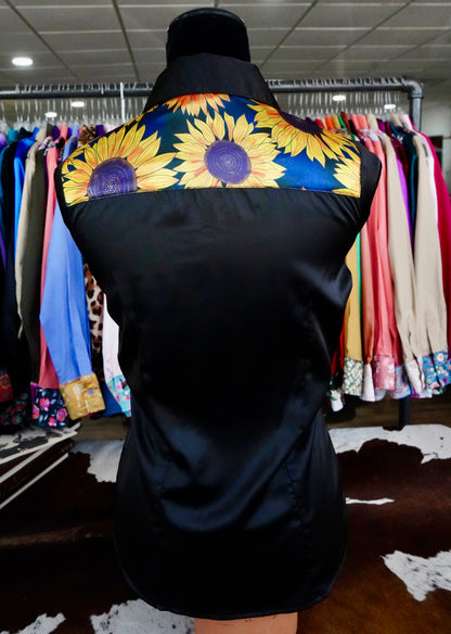 S - Large Sunflowers on Black Satin Button Down