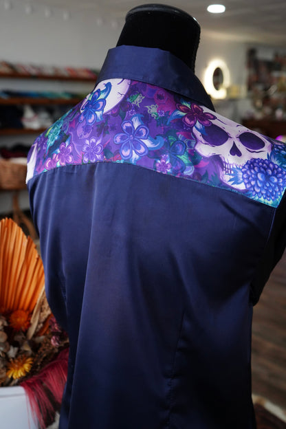 L - Navy Satin w/ Purple Floral Skulls Button Down