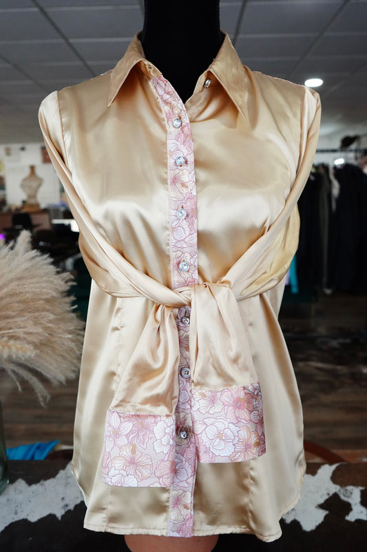 L - Pastel Hibiscus on Gold Satin Button Down