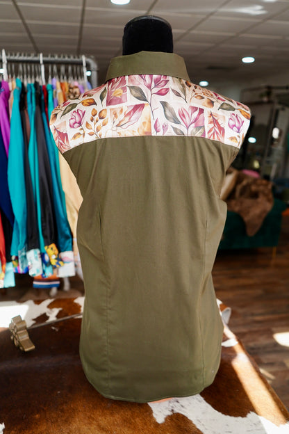 XL - Mauve Floral Stamps on Olive Cotton Button Down