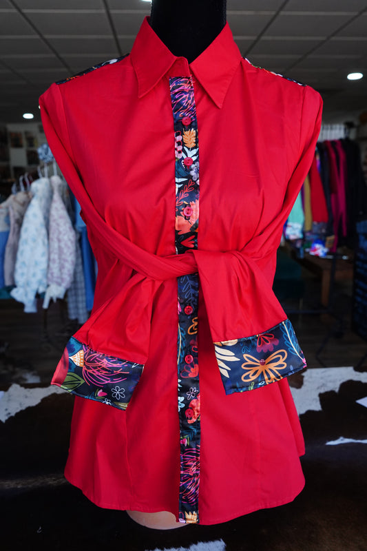 PRELOVED - XL - Black Wildflower Mix on Red Cotton Button Down