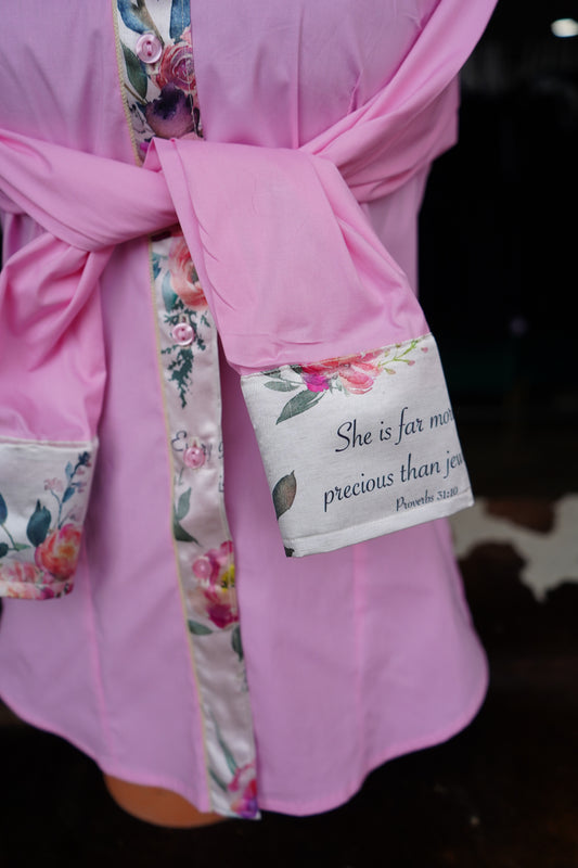L - Tan Verses on Light Pink Cotton Button Down