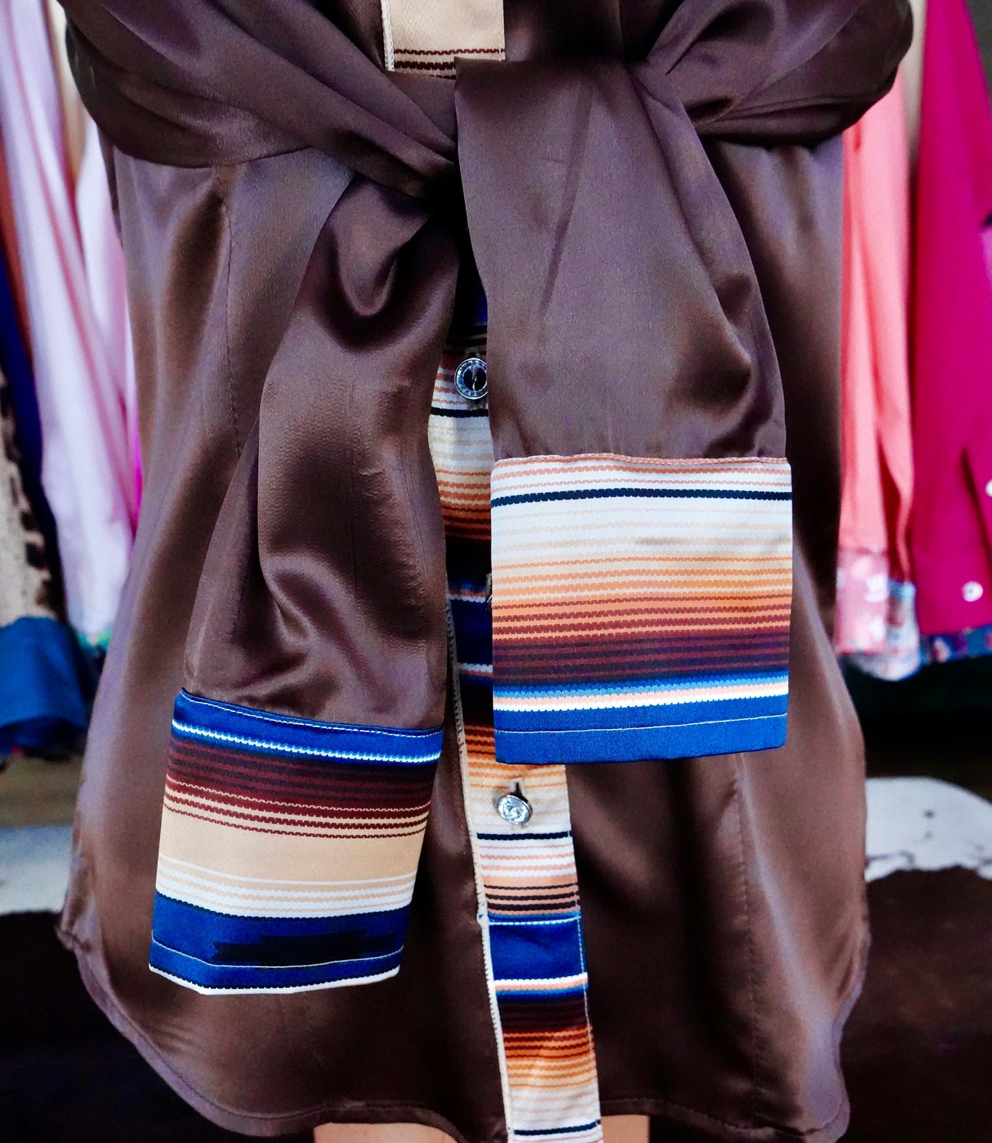 M - Navy & Brown Serape on Brown Satin Button Down