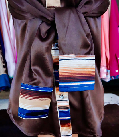M - Navy & Brown Serape on Brown Satin Button Down