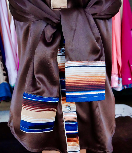 M - Navy & Brown Serape on Brown Satin Button Down