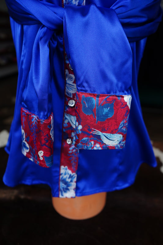 L - Sketched Deep Patriotic Floral on Royal Blue Satin Button Down w/ 3 Layer Fringe