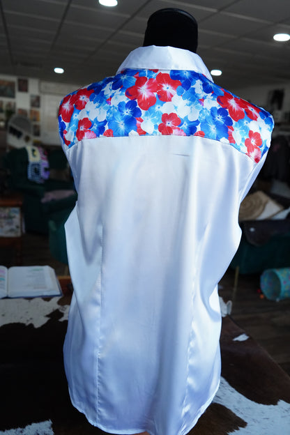 XL - Patriotic Hawaiian Floral on White Satin Button Down