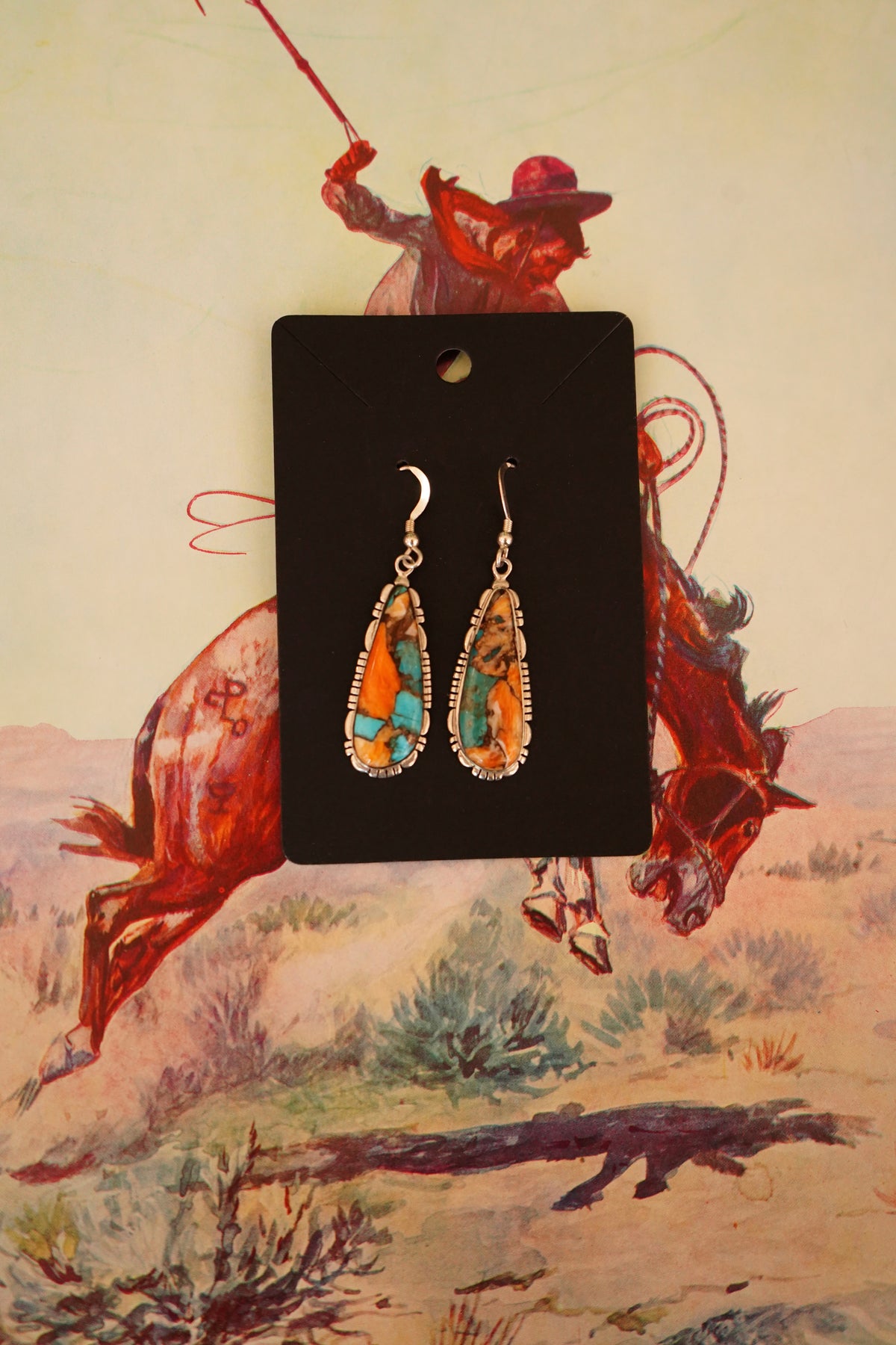Vintage Turquoise & Orange Spiny Fish Hook Earrings