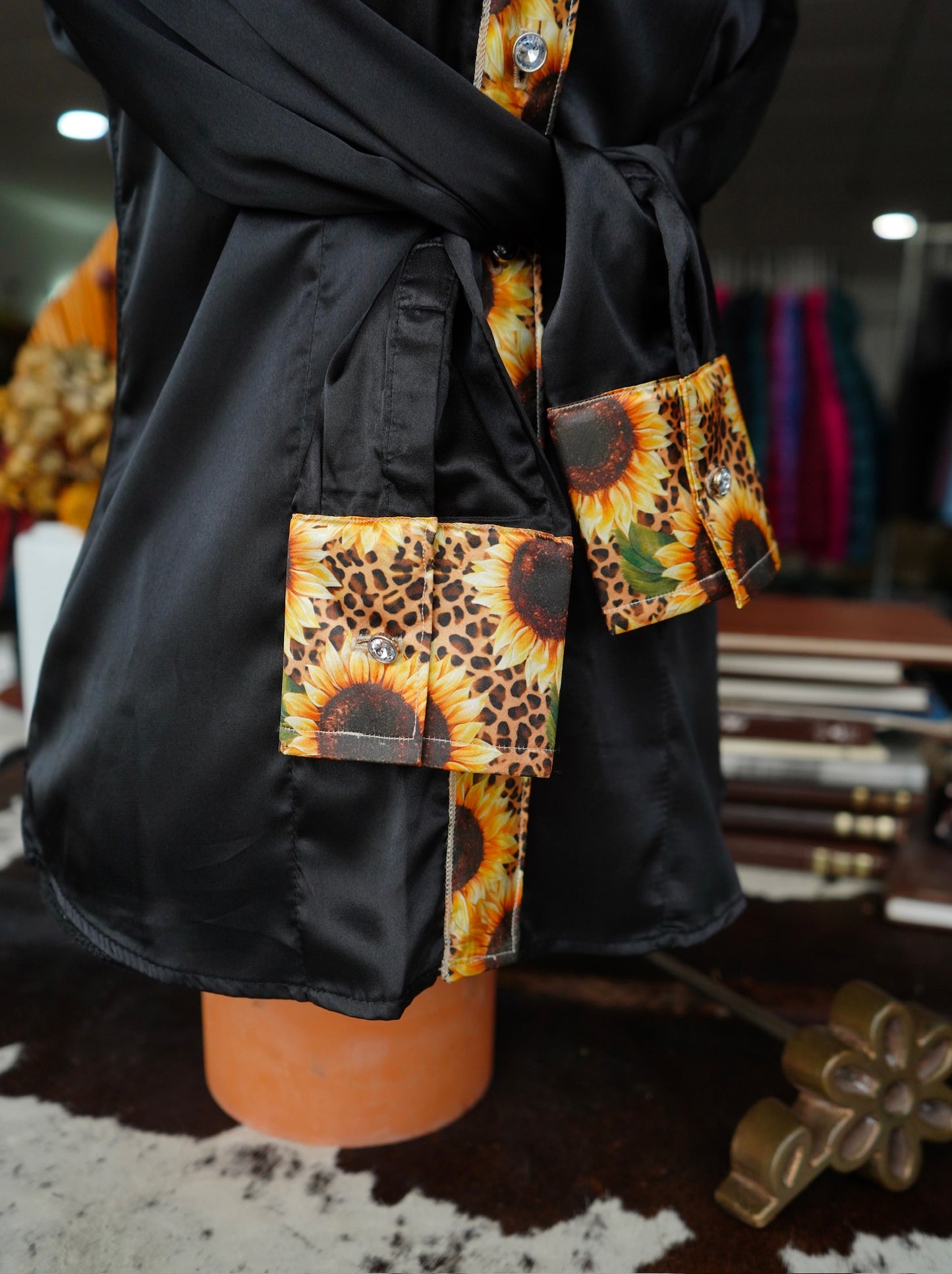 S - Black w/ Cheetah Sunflowers Button Down