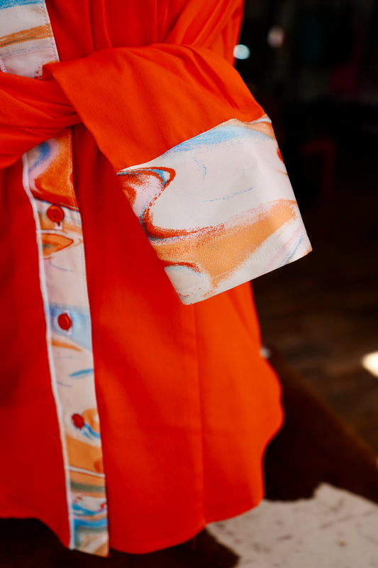L - Orange & Blue Oil-spill on Orange Cotton Button Down