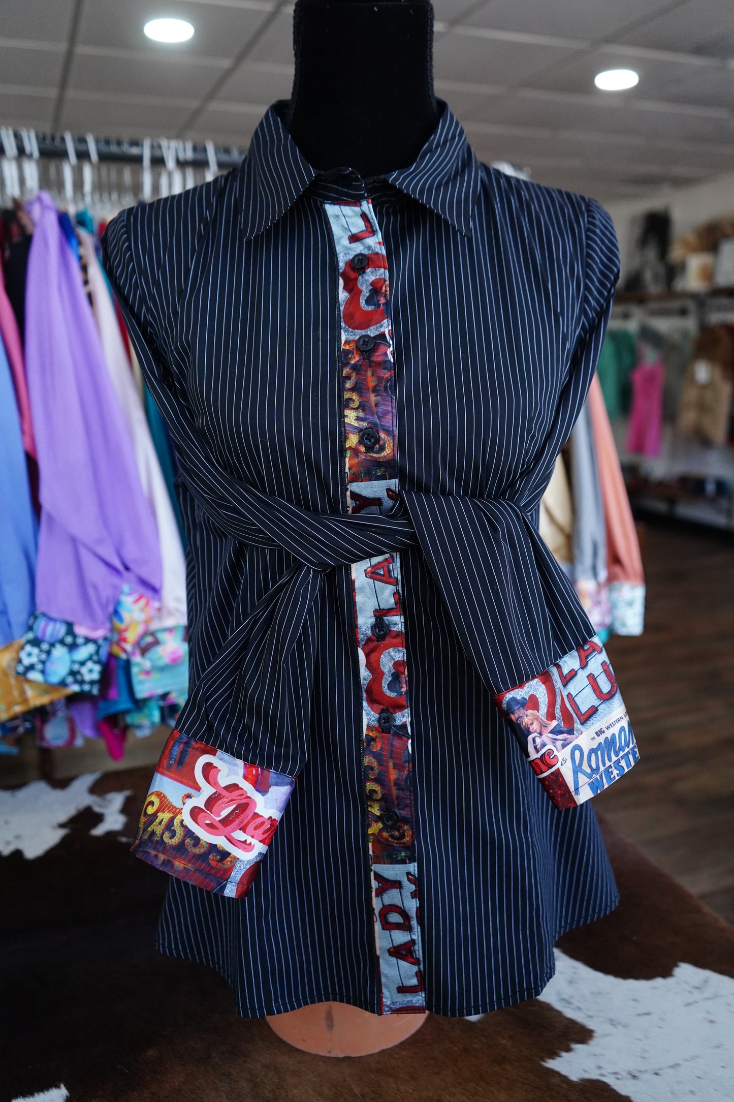 L - Cowboy Love on B/W Stripe Cotton Button Down