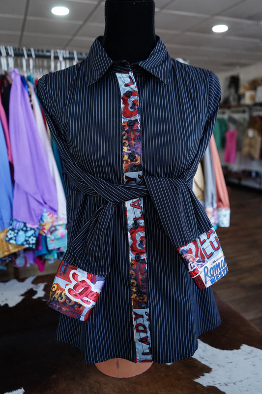 L - Cowboy Love on B/W Stripe Cotton Button Down