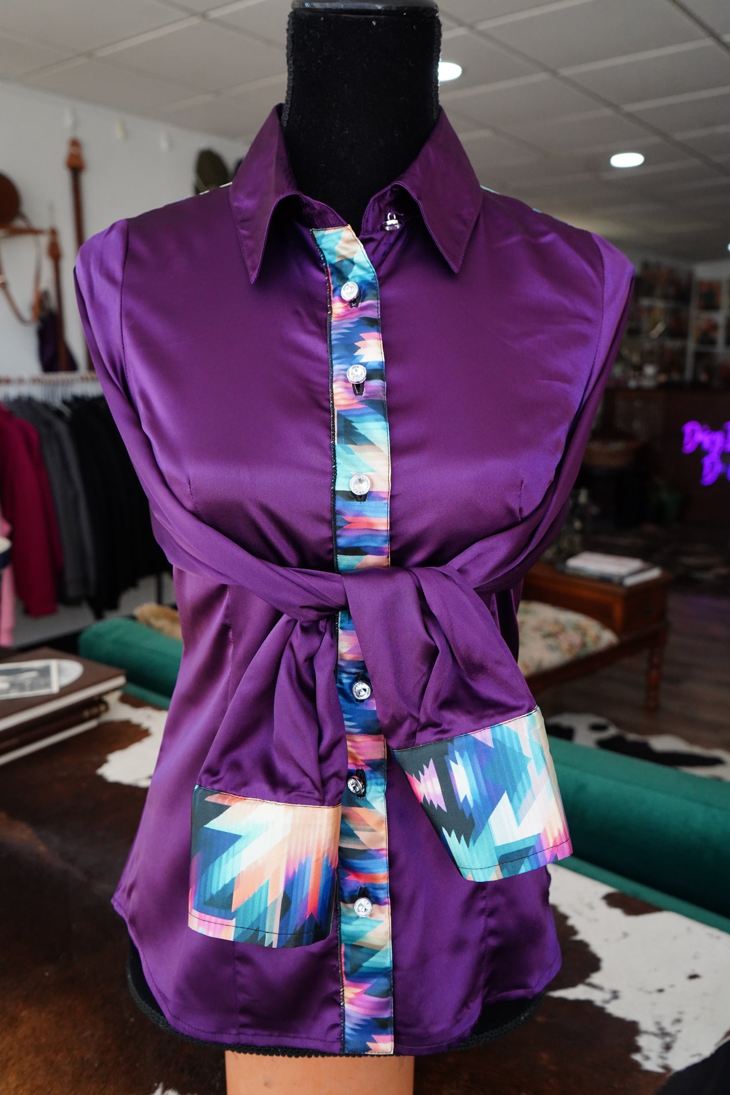 S - Kaleidescope on Purple Satin Button Down