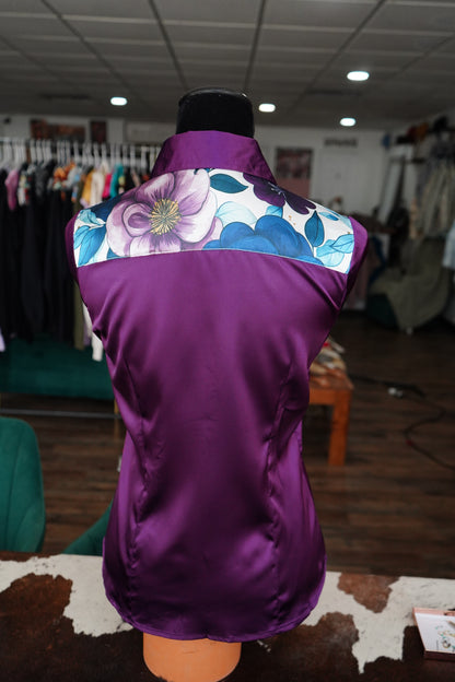 M - Purple & Teal Floral on Purple Satin Button Down