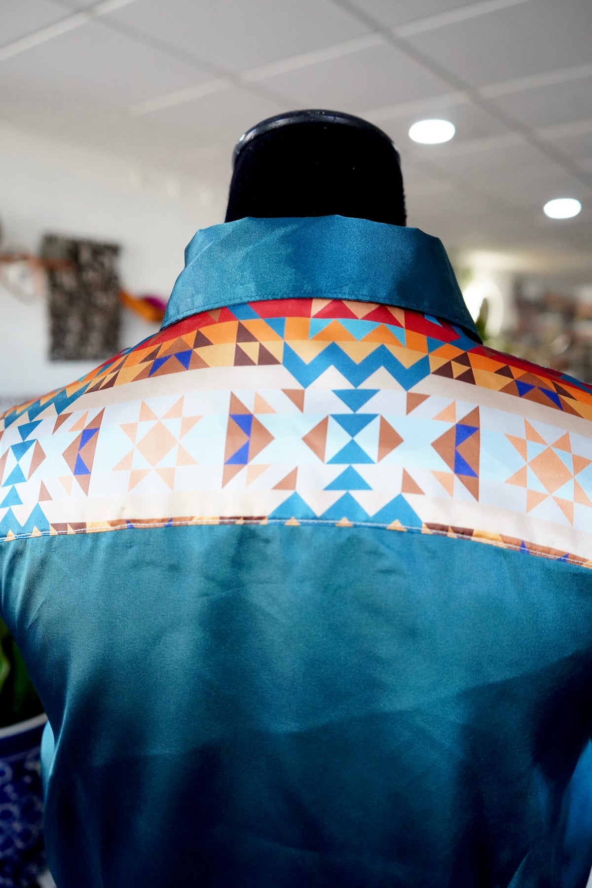 L - Sunrise Aztec on Teal Satin Button Down