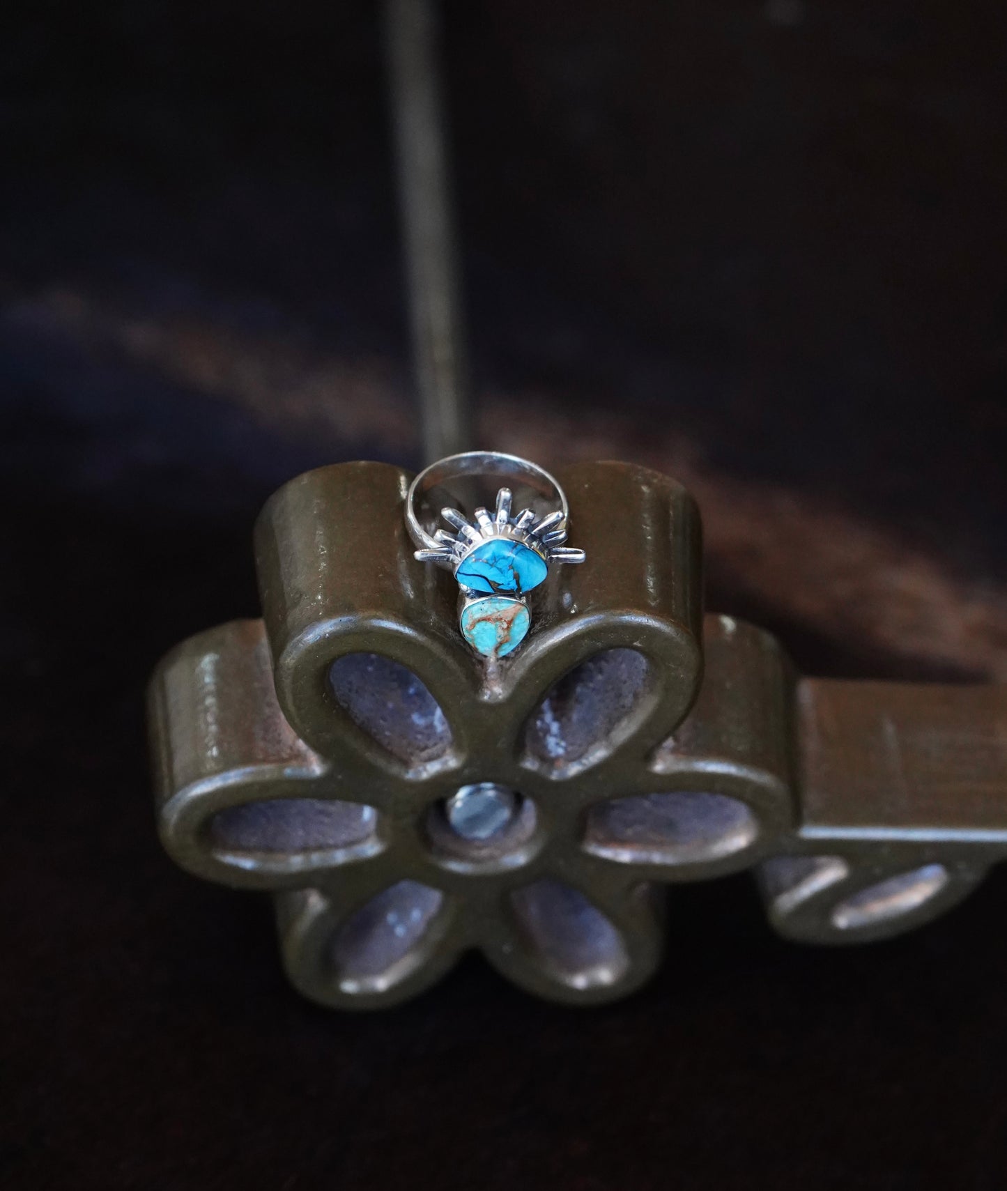 Blue & Turquoise Dahlia Sunburst Ring - Sz 8