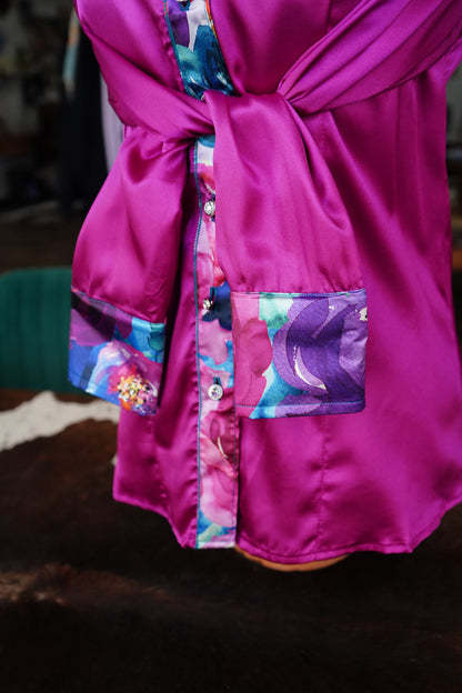 M - Watercolor Floral on Magenta Satin Button Down
