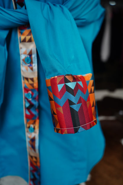 XL - Sunset Aztec on Teal Cotton Button Down