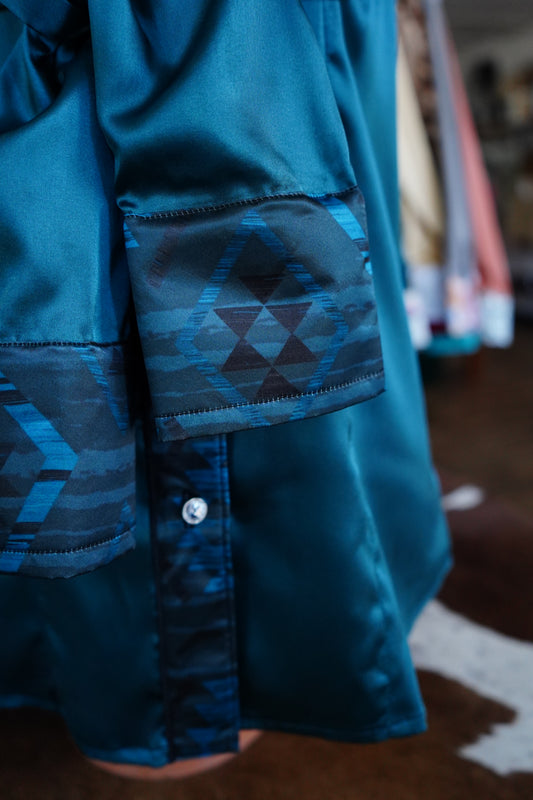 M - Teal Daisy Aztec on Teal Satin Button Down