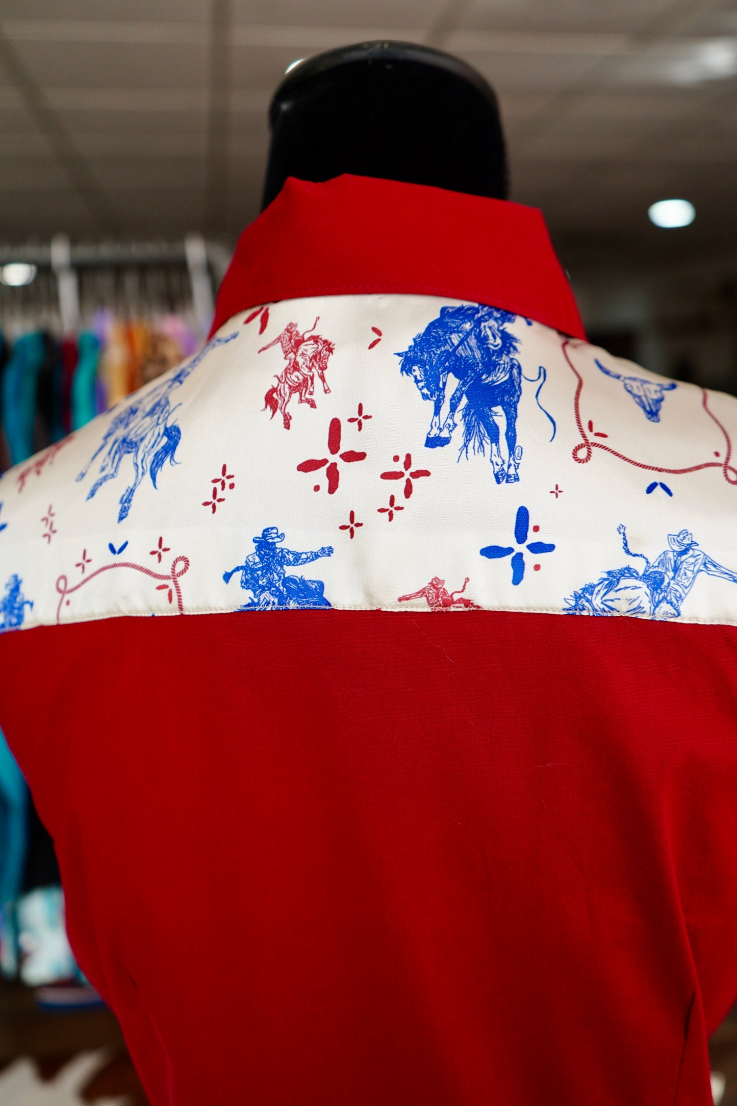 L - Patriotic Buckers on Red Cotton Button Down