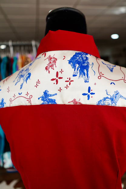 L - Patriotic Buckers on Red Cotton Button Down