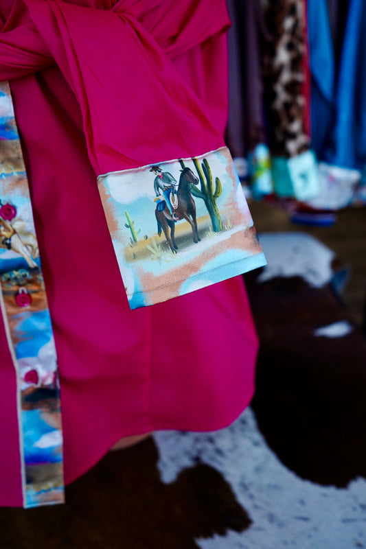 XL - Painted Cowboys on Hot Pink Cotton Button Down