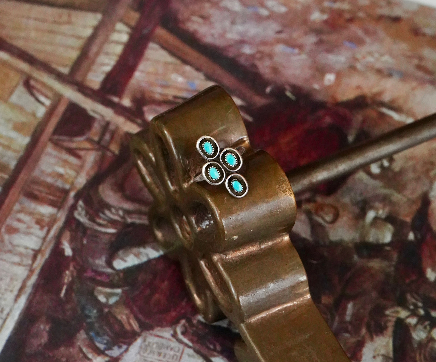 Vintage Turquoise 4 Stone Shadow Box Ring - Sz 6.5