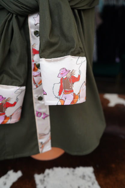 XL - Pink Howdy Gal on Olive Cotton Button Down