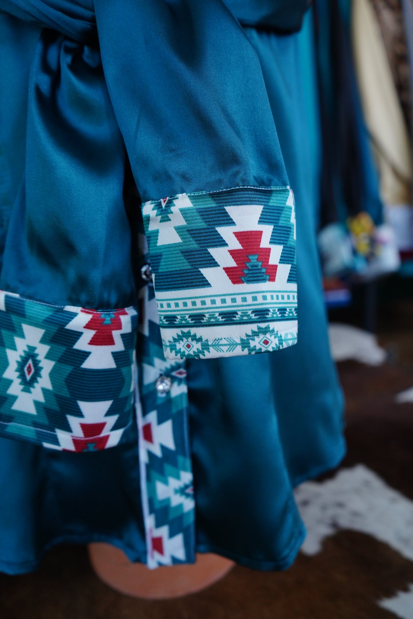 L - Teal Montana Aztec on Teal Satin Button Down