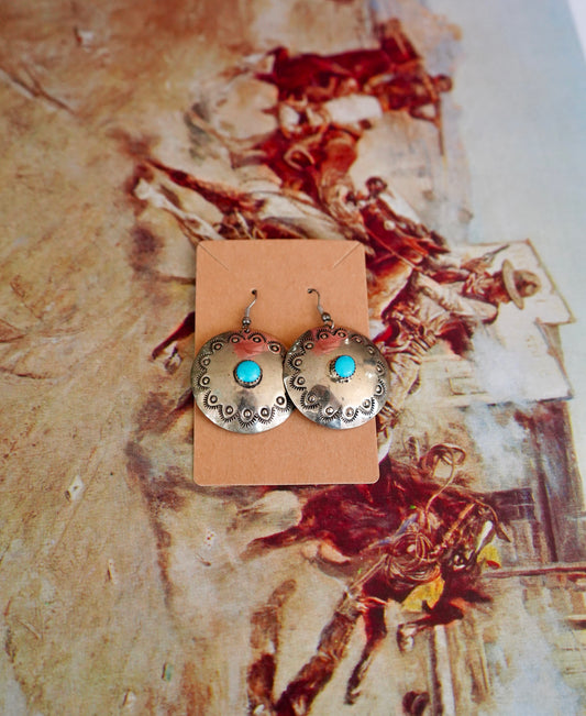 Vintage Stamped Turquoise Concho Fish Hook Earrings