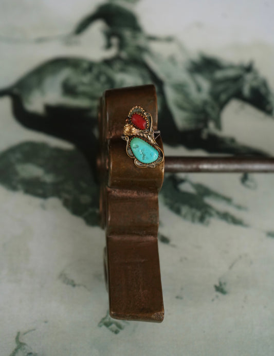 Vintage Turquoise & Red Coral Ring - Sz 7