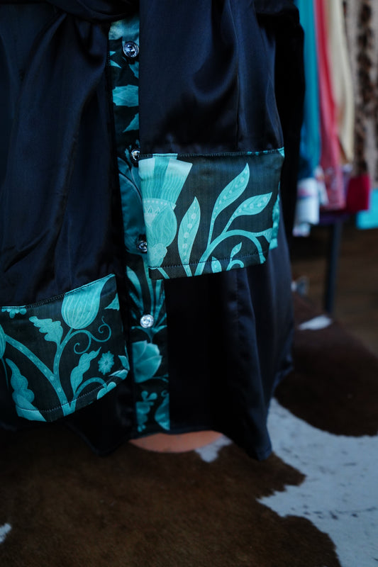 3XL - Turquoise Floral Paisley on Black Satin Button Down