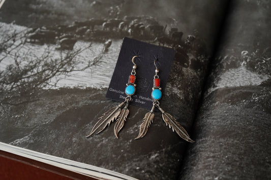 Vintage Turquoise & Red Corral w/ Dangly Feathers Fish Hook Earrings