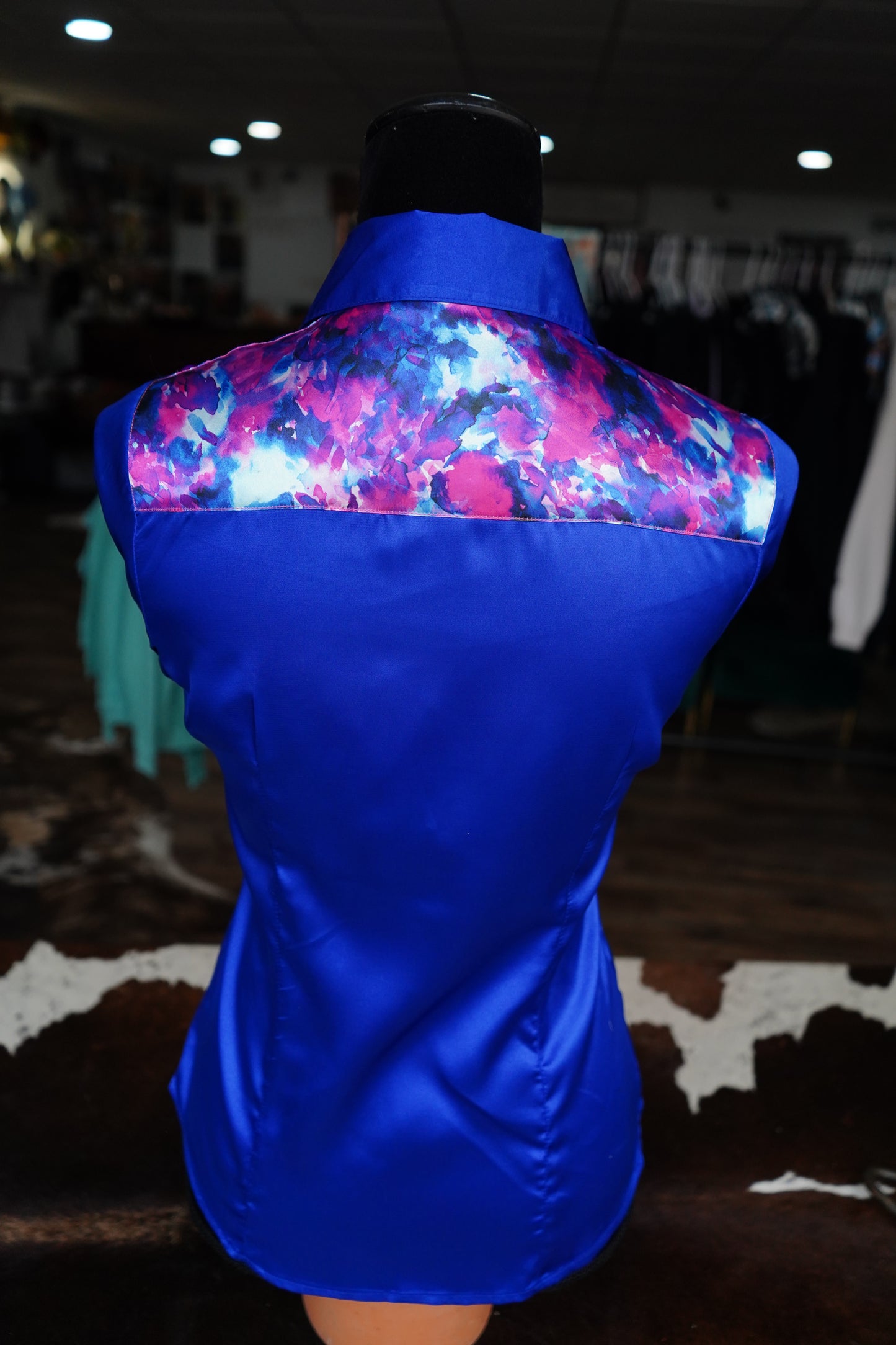 S - Hot Pink n Royal Blue Watercolor on Royal Blue Satin Button Down