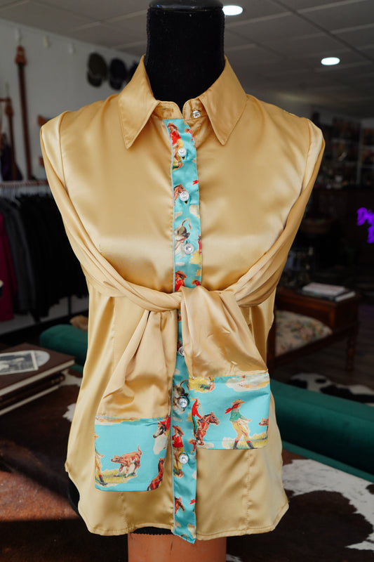 M - Blue Vintage Cowboys on Gold Satin Button Down