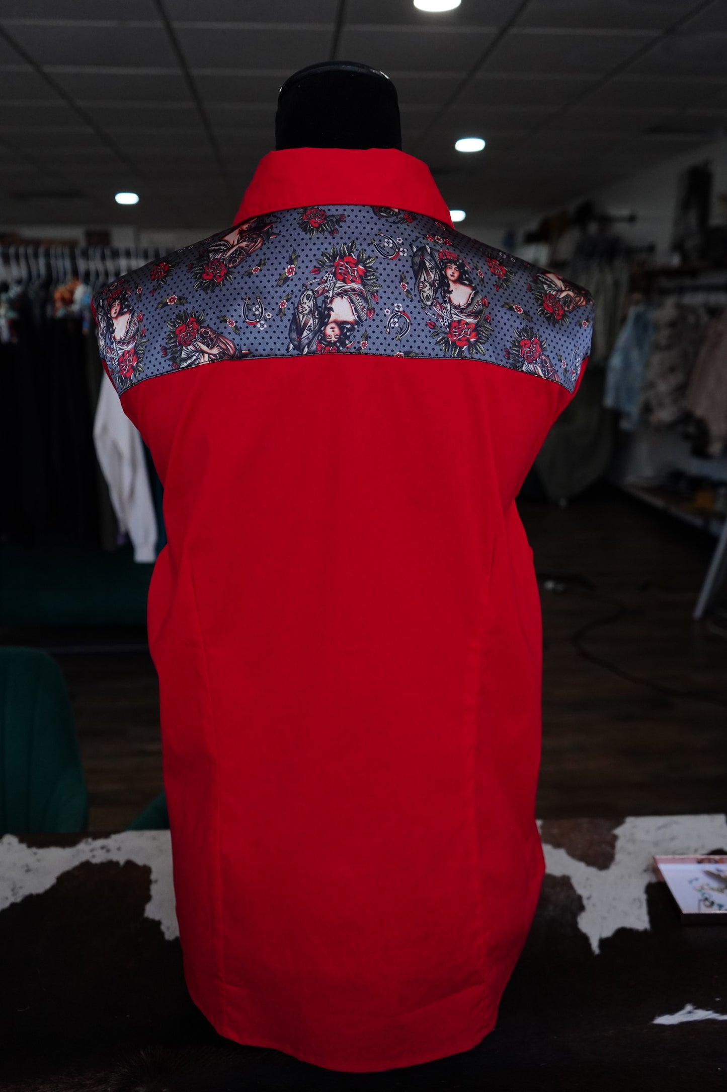 2XL - Gray Traditional Cowgirl on Red Cotton Button Down